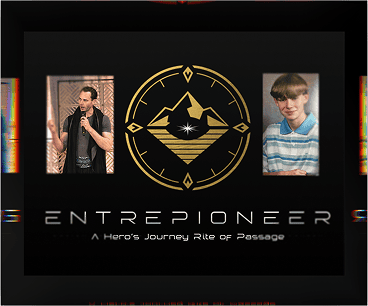 Entrepioneer logo with two young men speaking and a mountain emblem.