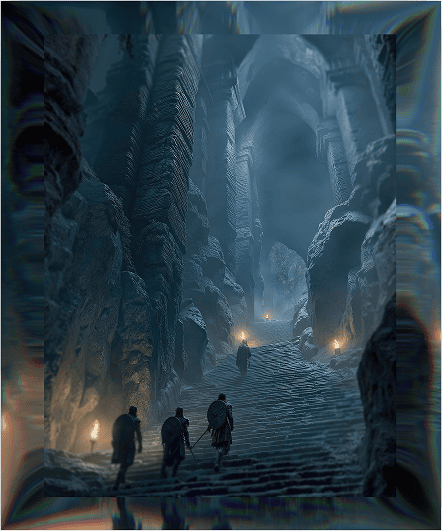 Adventurers exploring a mysterious ancient cave with towering stone walls and torch lighting.