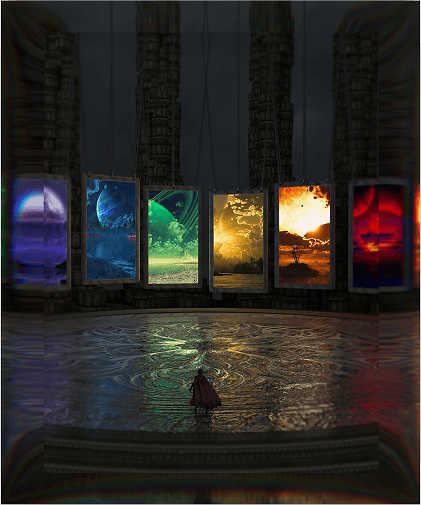 Vibrant digital art screens showcasing diverse landscapes and abstract designs.