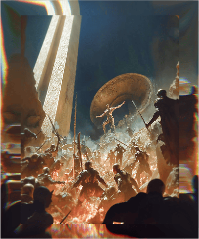 Epic ancient battle with warriors and large shield.