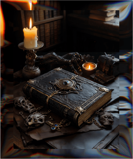 Vintage mystical book with candles and skulls, symbolizing knowledge and power for entrepreneurs.