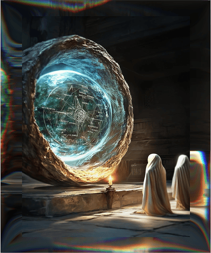 Two figures in robes observe a glowing portal with mystical symbols inside a dark, ancient setting.