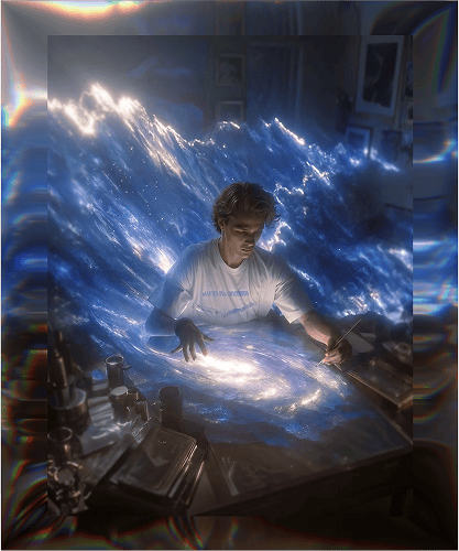 A person working on a digital tablet with a cosmic wave effect surrounding them.