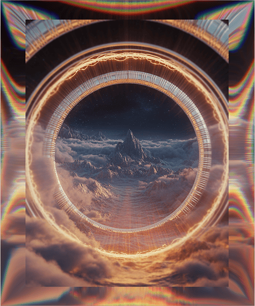 Surreal mountain landscape with glowing circular portal, symbolizing innovation and new opportunitie.
