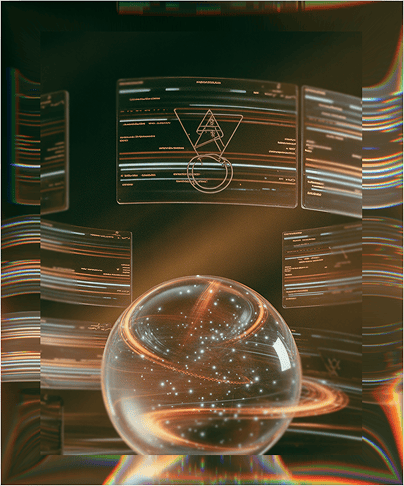 Futuristic digital interface with holographic screens and a glowing sphere for business alignment.