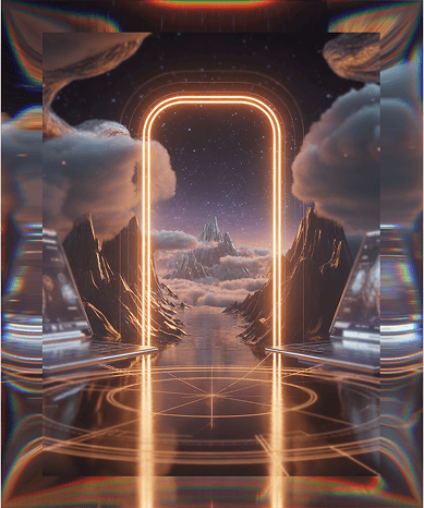 Futuristic digital portal with glowing neon frame in a surreal landscape.