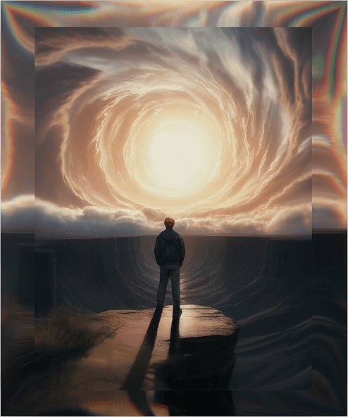 Person standing on a rock facing a swirling, luminous sky symbolizing new opportunities.