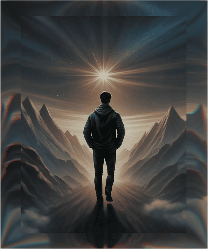 Man standing in mountains gazing at a bright star, symbolizing hope and new beginnings.