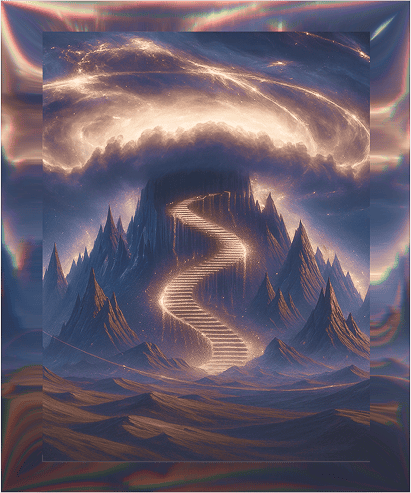 Mystical mountain with glowing staircase leading to a swirling sky, symbolizing a journey to success.