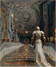 Knight in armor standing in a majestic, ornate hall with a large celestial clock.